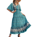 V Neck Boho Style Print Flare Sleeve Elastic Waist Maxi Dresses Wholesale Bohemian Dress For Women
