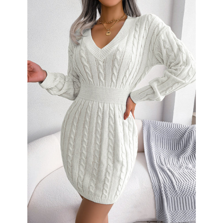 Slim-Fit Twist-Knit Solid Color Long-Sleeved V-Neck Sweater Dress Wholesale Dresses