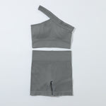 Yoga Seamless Athletic Suits Fashion Womens 2pcs Slanted Shoulder Sport Bra & Shorts Activewear Wholesale Workout Clothes