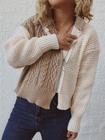 Round Neck Diagonal Zipper Twist Color Contrast Stitching Knitted Cardigan Wholesale Women Top