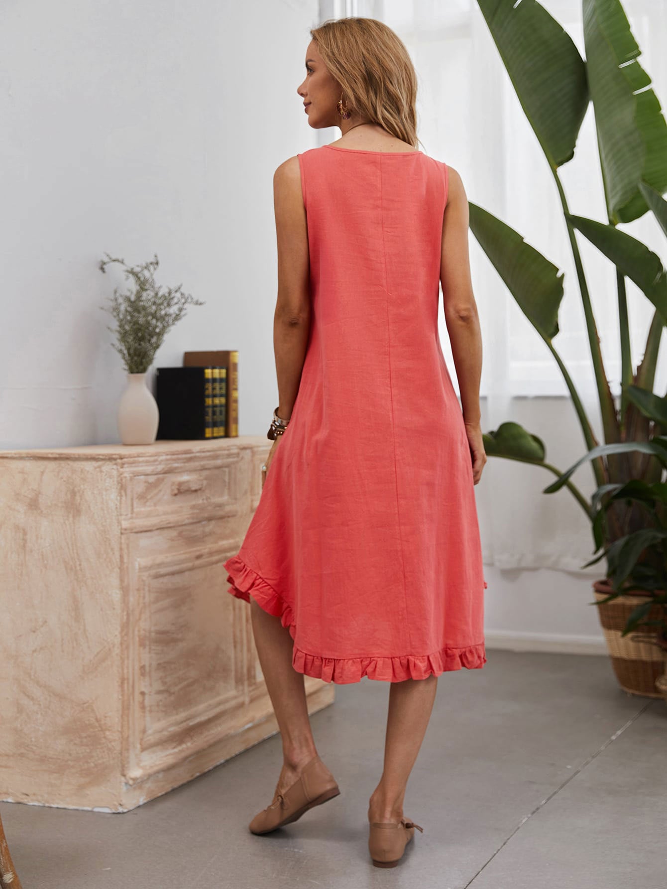 Loose Sleeveless Solid Color Cotton Linen Tank Dress With Pocket Wholesale Dresses