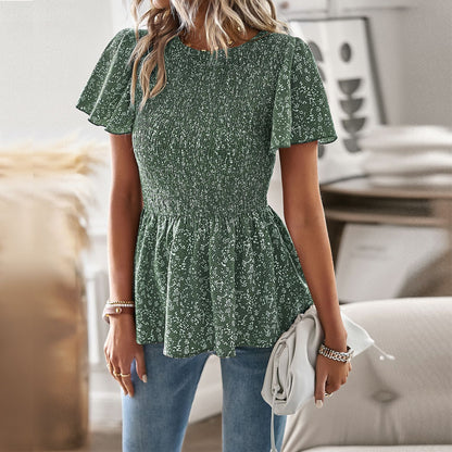 Printed Puff Sleeve Waist Tunic Top Casual T-Shirt Wholesale Womens Tops