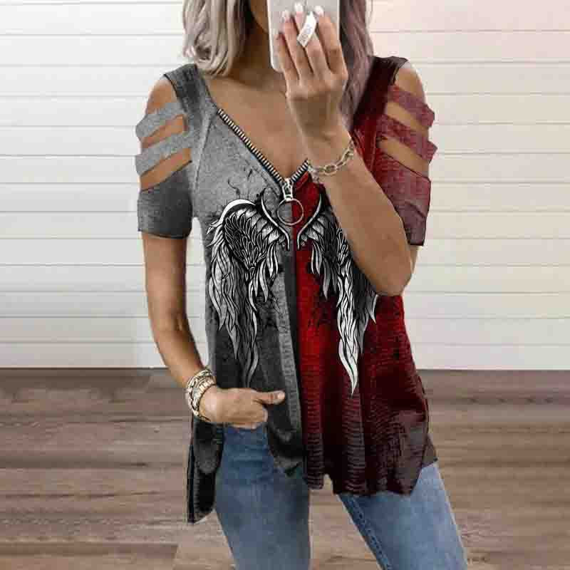 Printed V-Neck Zip Pullover Short Sleeve Loose Womens T-Shirt Wholesale Tunics Tops