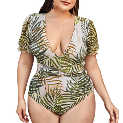 Leaf Print Low Cut One Piece Plus Size Swimwear Wholesale