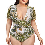 Leaf Print Low Cut One Piece Plus Size Swimwear Wholesale