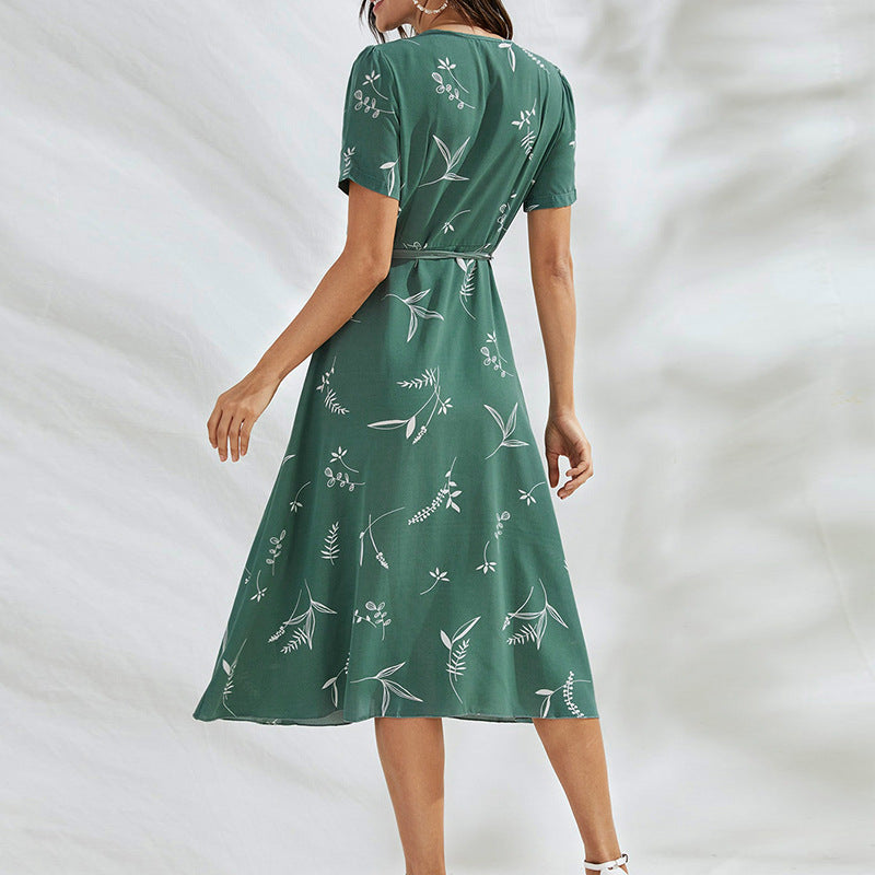 Tie-Up Waist Printed V-Neck Short Sleeve Mid-Length A-Line Dress Casual Wholesale Dresses