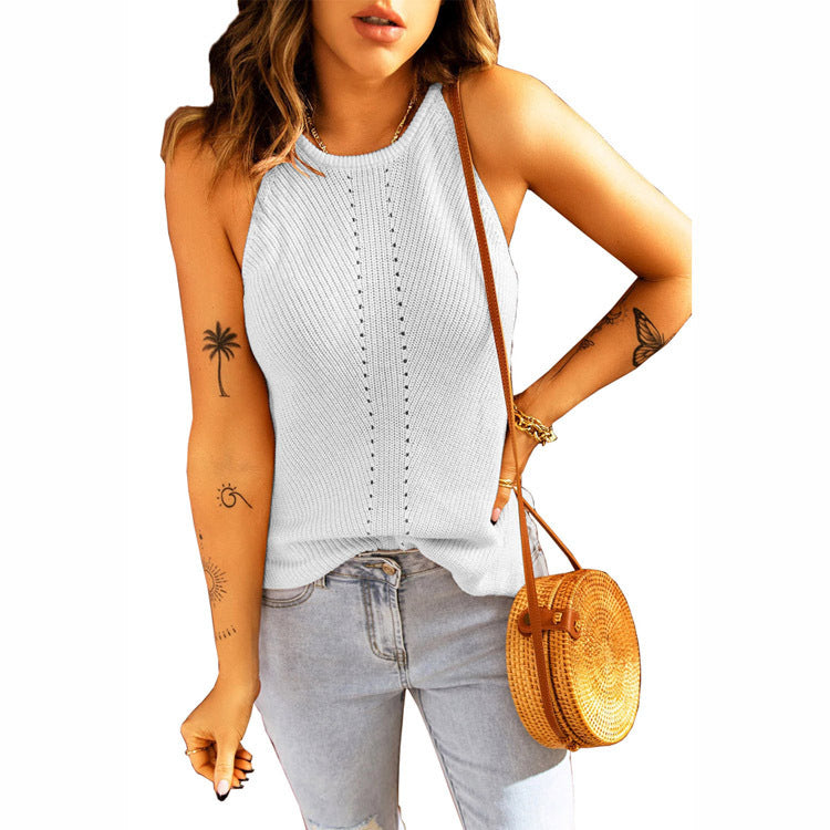 Solid Color Sleeveless Hollow Casual Knit Loose Womens Vests Wholesale Tank Tops