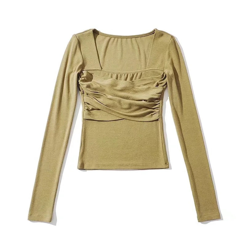 Square Collar Pleated Long Sleeve Solid Color Sexy Crop Top Wholesale Women Top