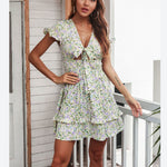 Floral Print Short Sleeve V Neck Bowknot Hollow Out Wholesale A Line Dresses for Summer