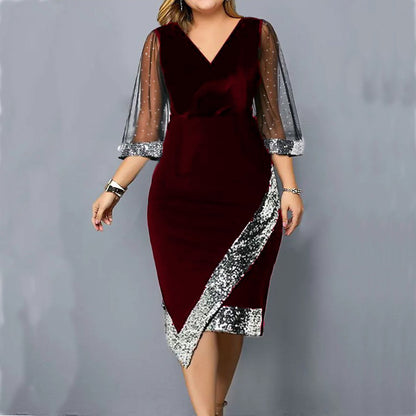 Irregular Sequin See-Through Mesh Velvet Dress Wholesale Dresses