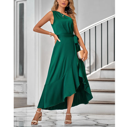 Fashion Sloping Shoulder Ruffled Dress Wholesale Maxi Dresses