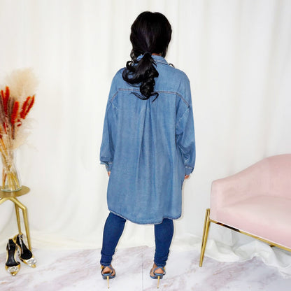 Irregular Loose Button-Down Solid-Color Mid-Length Denim Shirt Wholesale Women Top