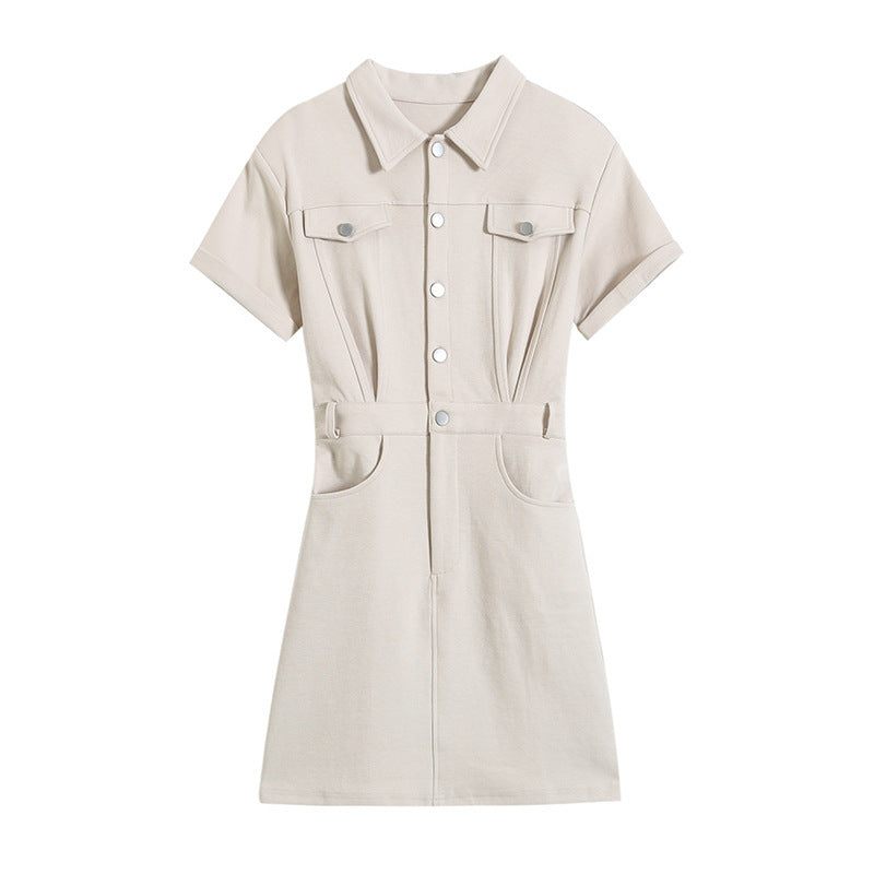 Two-Pocket Lapel Short-Sleeved Button-Down Slim-Fit Casual Dress Wholesale Dresses