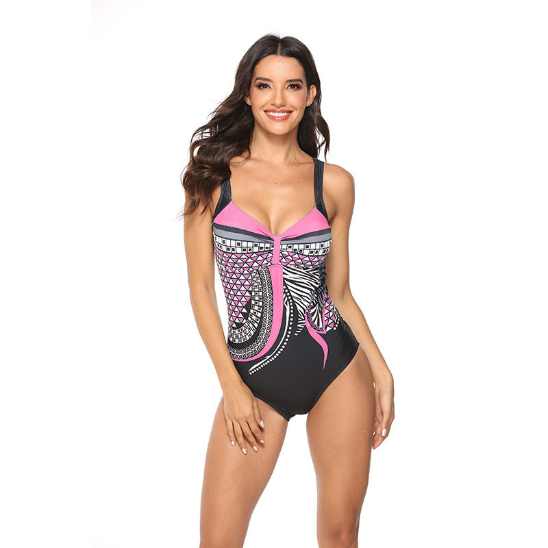 Women Wholesale Retro Deep V Backless Printed One-Piece Swimsuit