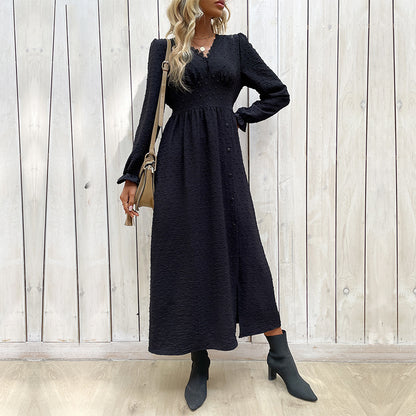 Side Slit Button-Down Slim-Fit Solid Color Long-Sleeved Midi Dress Wholesale Dresses