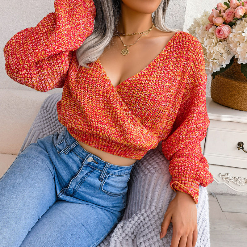 Sexy Crossover Lantern Sleeves V-Neck Knitted Crop Tops Wholesale Sweater