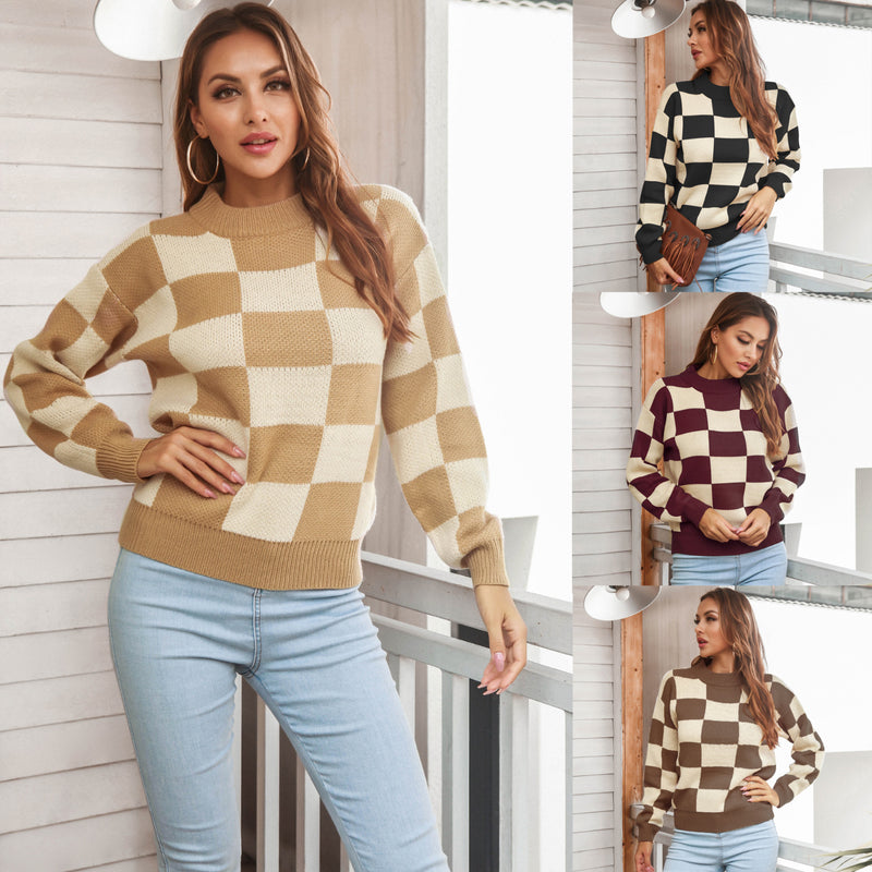 Long Sleeve Plaid Round Neck Sweater Wholesale Clothing SS070034