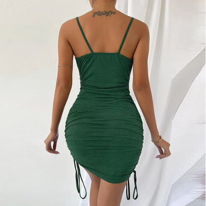 Solid Color Spaghetti Strap Drawstring Wholesale Bodycon Dresses