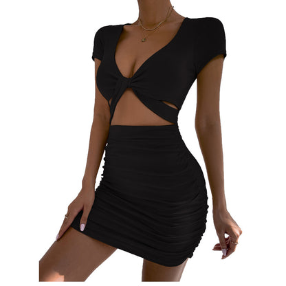 Summer Short Sleeve V-Neck Cutout Twist Pack Hip Dress Sexy Wholesale Bodycon Dresses