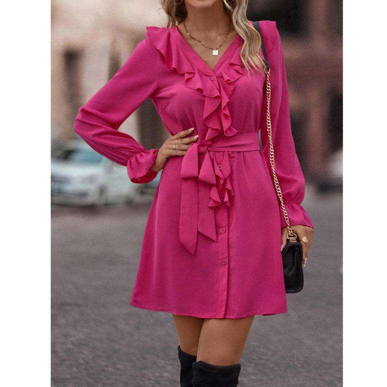 Solid Color Ruffled V-Neck Long Sleeve Tie-Up Dress Wholesale Dresses