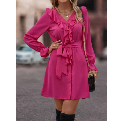 Solid Color Ruffled V-Neck Long Sleeve Tie-Up Dress Wholesale Dresses