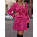 Solid Color Ruffled V-Neck Long Sleeve Tie-Up Dress Wholesale Dresses
