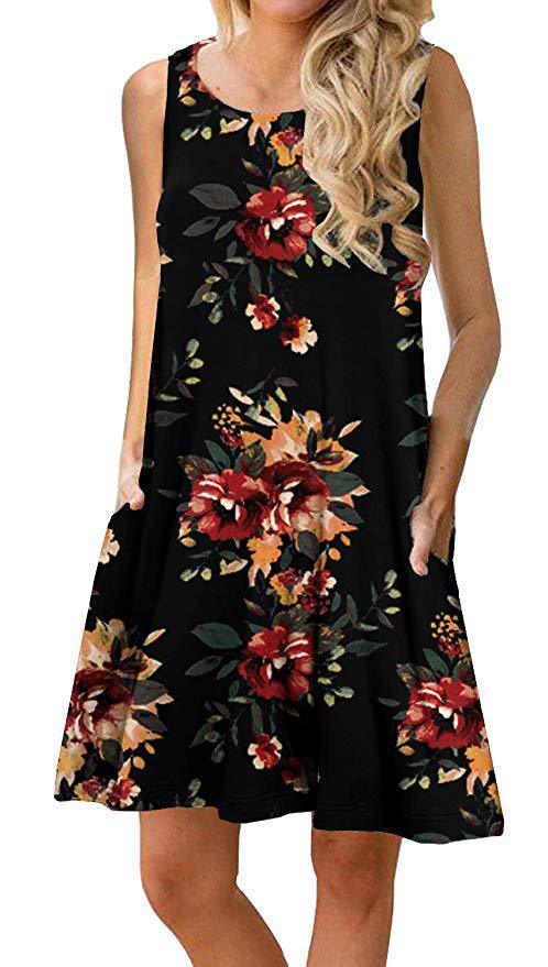 Women Fashion Floral Print Sleeveless Wholesale Tank Dresses With Pockets Summer