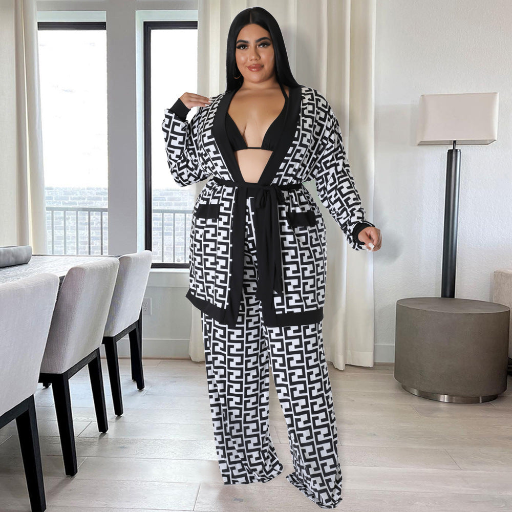 Wholesale Plus Size Women Clothes Belted Fretwork Print Loose Loungewear Two-Piece Set