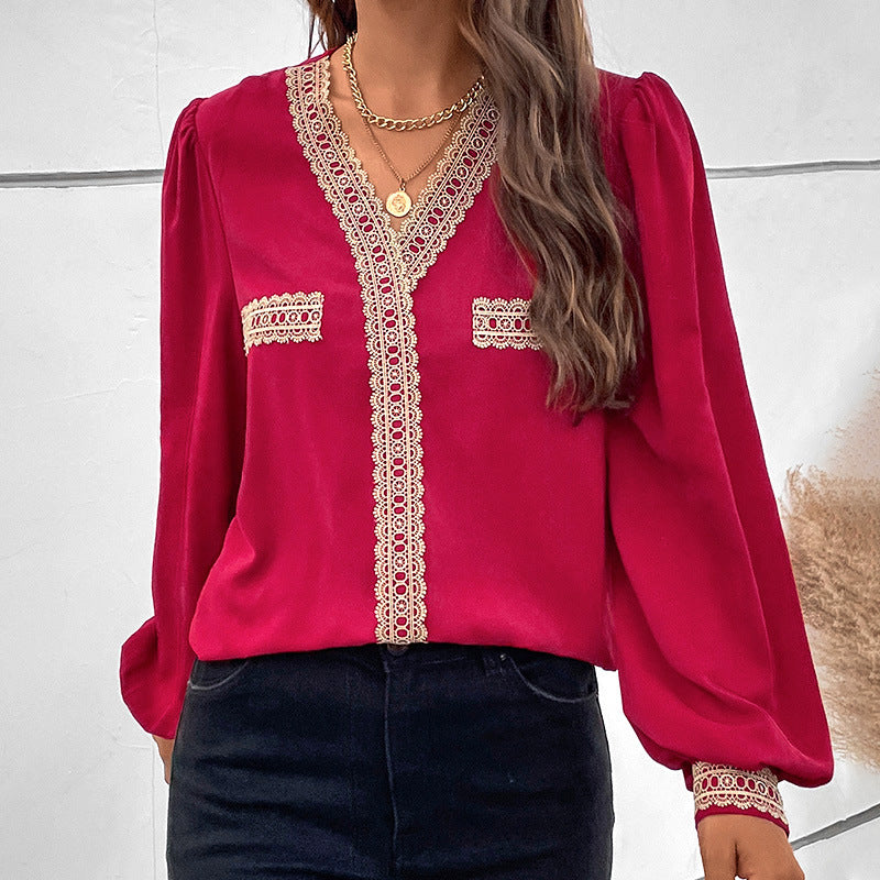 Casual V Neck Lace Patchwork Blouse Wholesale Womens Long Sleeve T Shirts