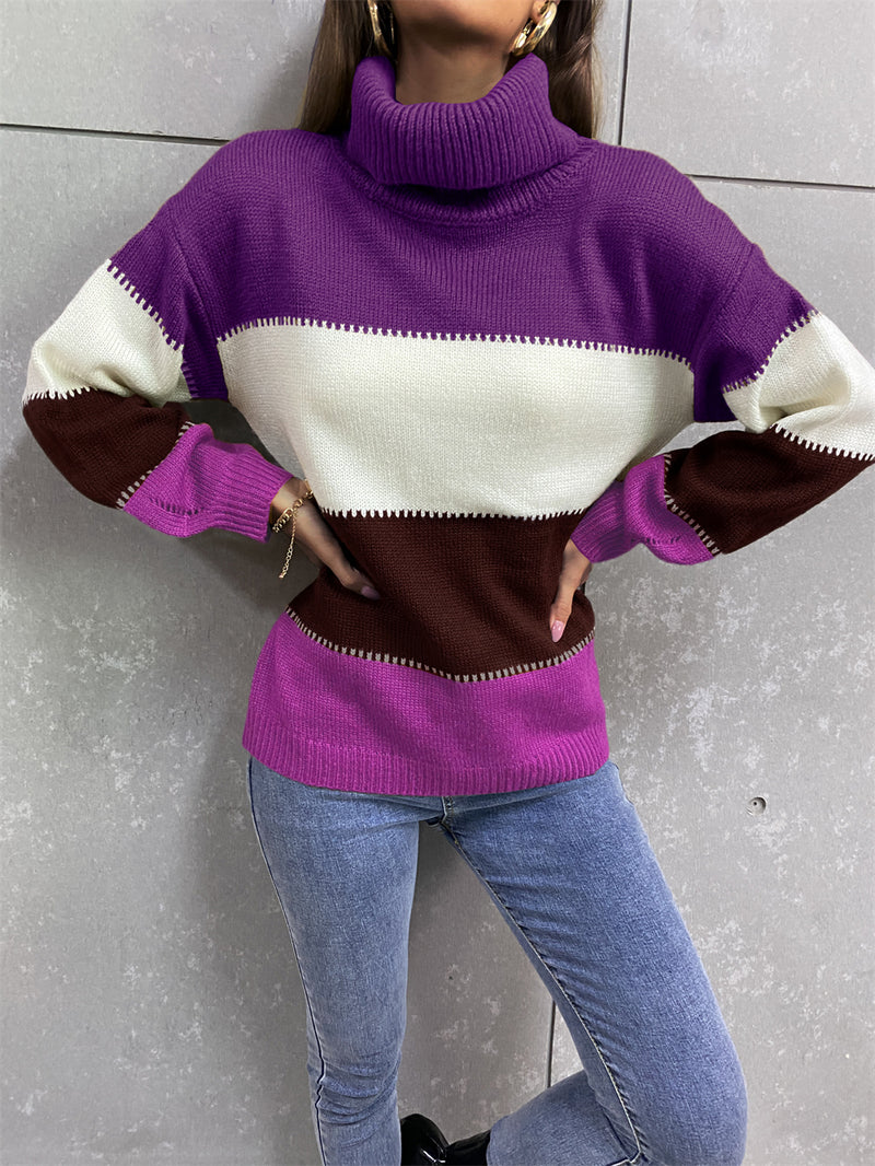 Color Blocking Turtle Neck Women Sweater