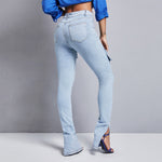 Solid Color Women'S Ripped Denim Skinny Slit Design Pencil Pants Wholesale Jeans