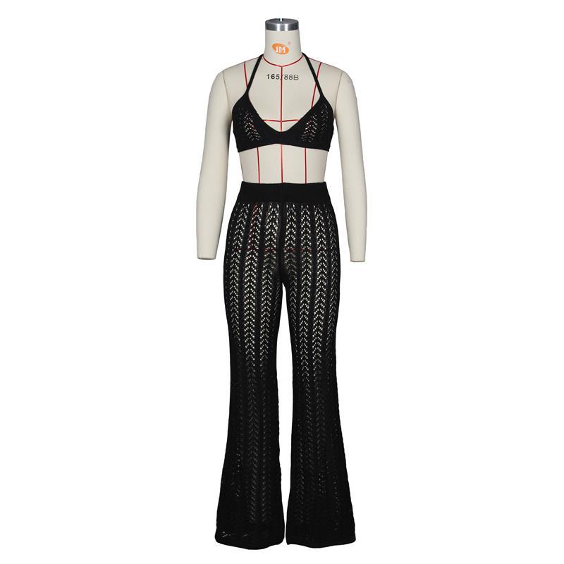 Sexy Resort Hollow Out Knitted Hanging Neck Halter Top & Pants Wholesale Womens 2 Piece Sets