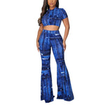Trendy Denim Print Casual Suits Short Sleeve Tight Crop Tops & Flared Trousers Wholesale Womens 2 Piece Sets