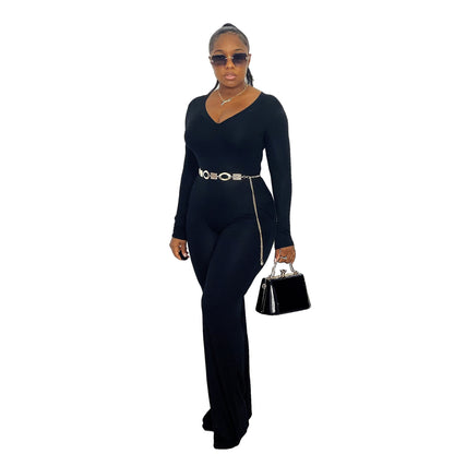 V-Neck Winter Flared Tight Sexy Long Sleeve Jumpsuit Wholesale Womens Suits Fashion Clothing Wholesale