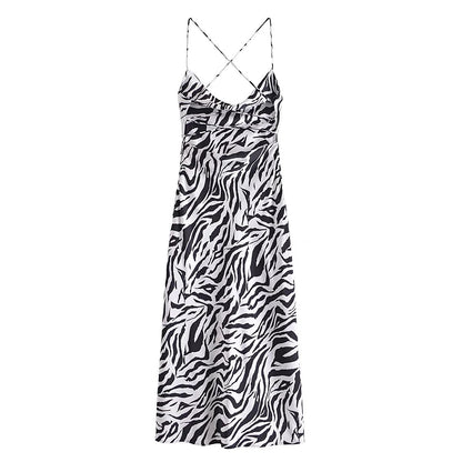 Open Back Lace-Up Zebra Printed Slim Fit Slip Dress Sexy Sundresses Wholesale Maxi Dresses