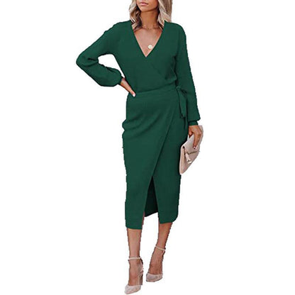 Solid Color V Neck Long Sleeve Tie-Up Slim Wrap Dress Wholesale Dresses