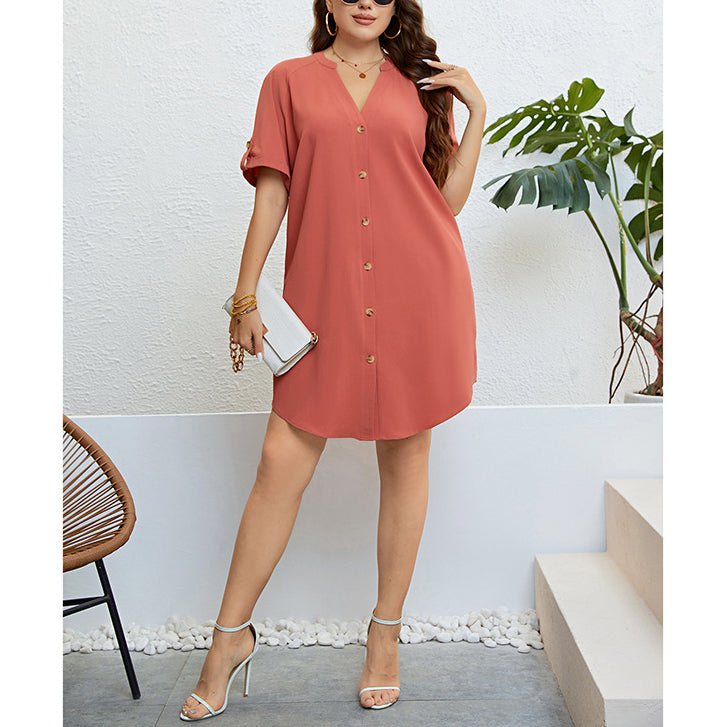 Casual Short-Sleeved V-Neck Button-Down Dress Wholesale Dresses