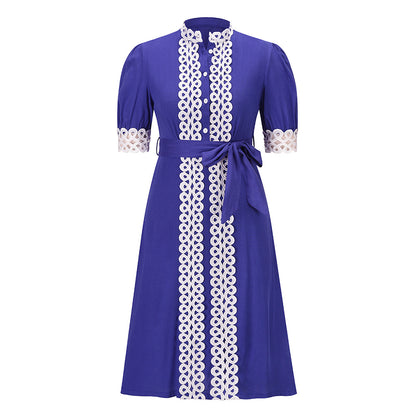 Lace Stand Collar Short Sleeve Wholesale Midi Dresses With Belt