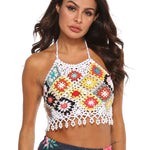Ethnic Style Mixed Color Stitching Fringed Tie Bulk Crop Tops