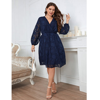 Long Sleeve V Neck Curvy A-Line Dresses Wholesale Plus Size Clothing