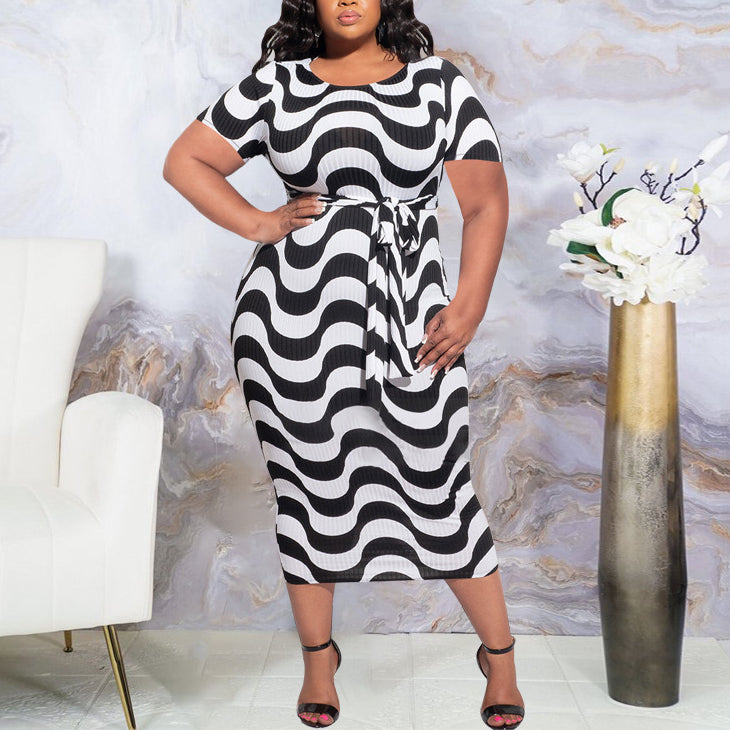 Striped Lace-Up Midi Bodycon Dress Short Sleeve Plus Size Wholesale Dresses