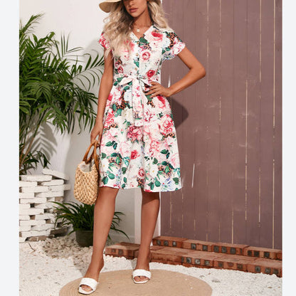 Rose Print Short Sleeve V Neck Casual Lace-Up Romantic Midi Shirtdress Wholesale Shirt Dresses