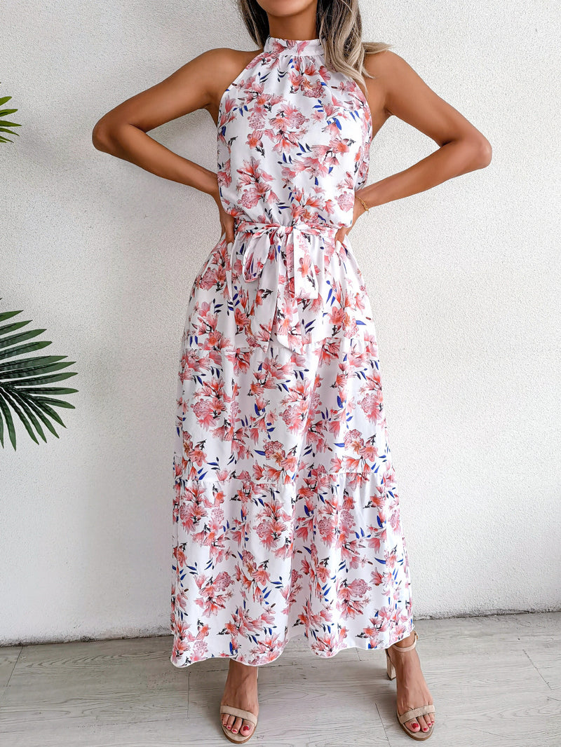 Sexy Halterneck Floral Maxi Dress Sleeveless Vacation Lace-Up Backless Swing Wholesale Dresses