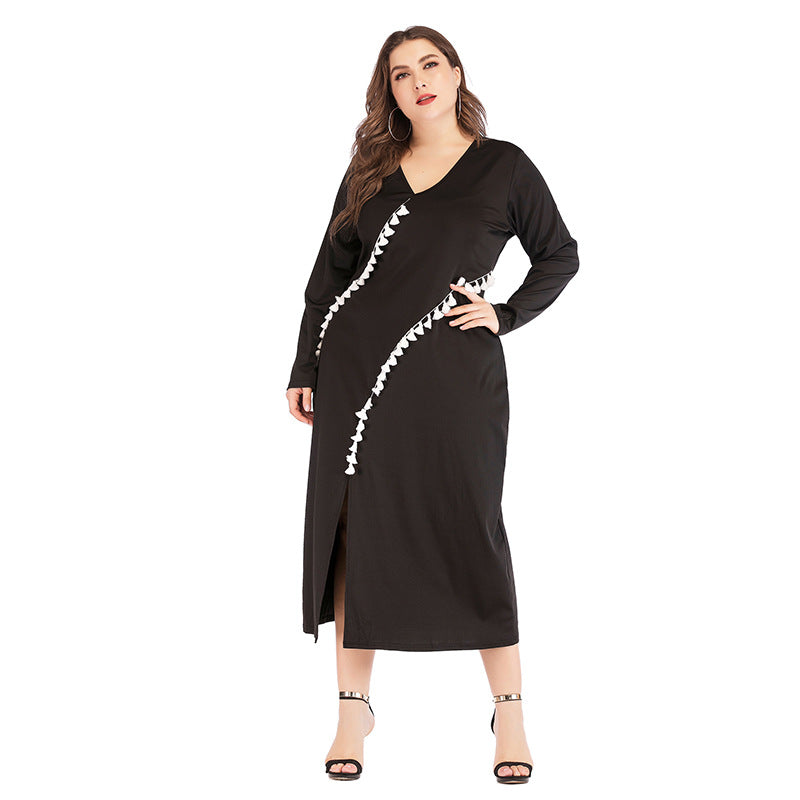 Wholesale Plus Size Women Clothing V-Neck Long-Sleeve Stitching Tassel Casual Commuter A-Line Dress