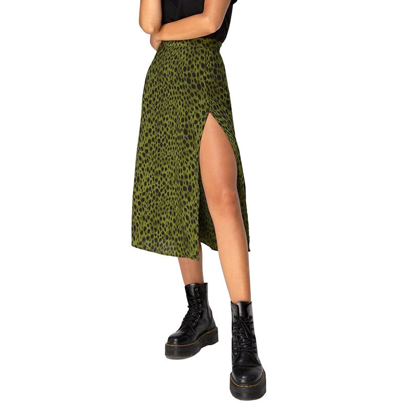 Leopard Printed Wholesale Skirts Mid Length Casual High Waist Slit Pack Hip A-Line Skirts