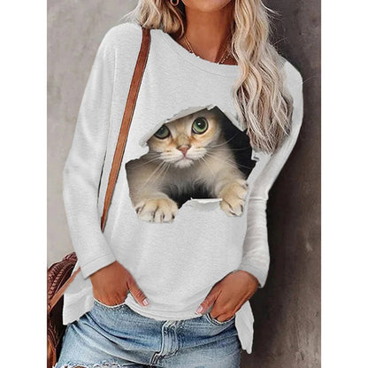 Fashion Cat Print Tops Round Neck Casual Wholesale Womens Long Sleeve T Shirts