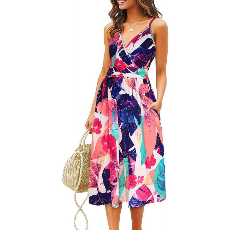 V Neck Trendy Printed Sundresses Sling Swing Dress Beach Vacation Wholesale Dresses