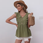 Casual Loose Cotton & Linen Womens Tops Green Frill Sleeve V-Neck Wholesale Tank Tops