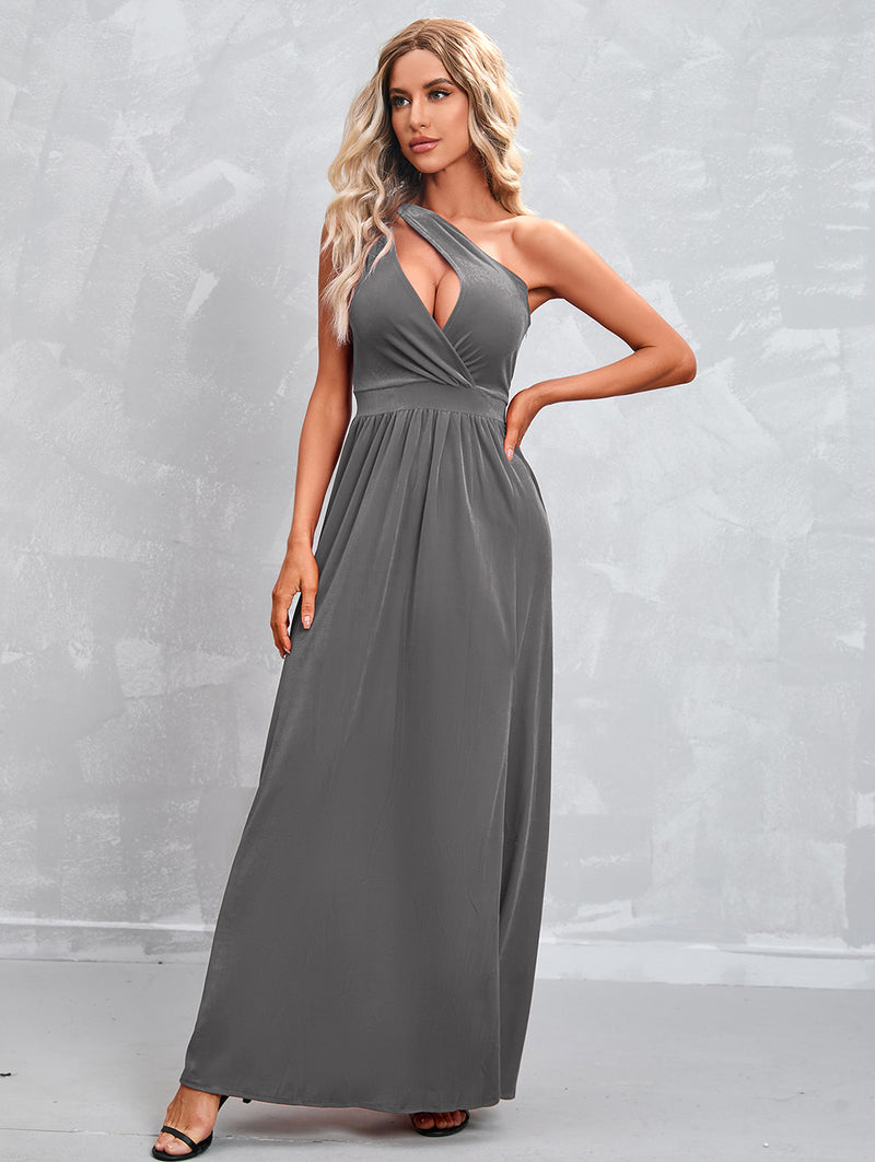 Slanted Shoulder Solid Color Hollow Sexy Slit Evening Dress Wholesale Maxi Dresses