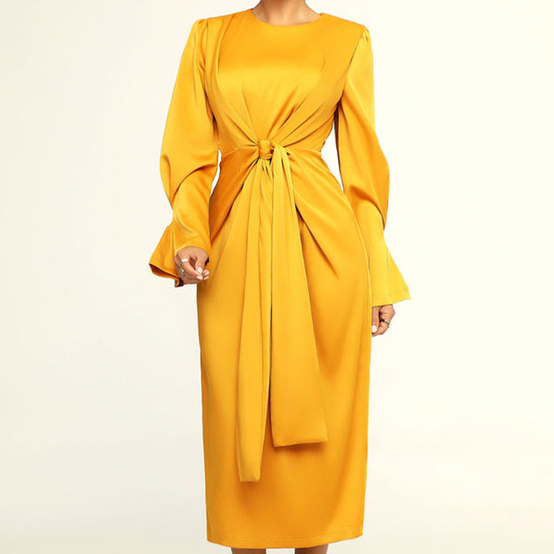 Temperament Round Neck Long Sleeve Satin Dress Wholesale Dresses